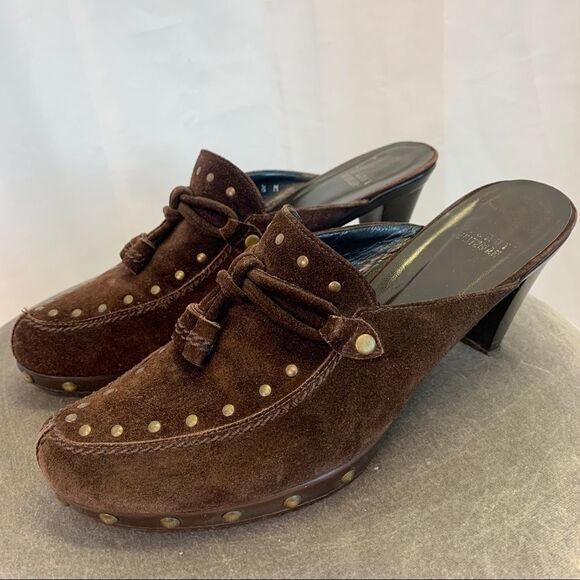 Stuart Weitzman Chocolate Brown Studded Suede Mules clogs size 9.5 - Picture 3 of 11